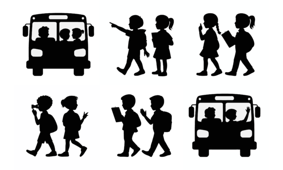 Children and School Bus Silhouette